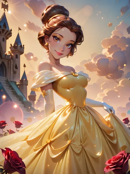 highres, hi res, best quality, masterpiece, cute,
1girl, medium breasts, (BelleXL:1.1), brown hair, brown eyes, yellow dress, off-shoulder dress, white shirt, long dress, elbow gloves, jewelry, single hair bun, lipstick, makeup,
light smile, dutch angle, naughty pose, happy, , looking at viewer, princess castle, garden, flowers around, clouds, sky, daylight, portrait, dynamic pose, cowboy shot, multiple red rose around, one hand dress lift, head tilt, light particles,
<lora:RealisticAnimeIXL:1> bokeh, luminescent background,, <lora:Belle-IL:1>