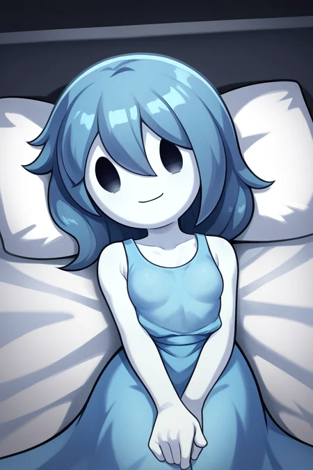 score_9, score_8_up, nsfw, score_7_up, <lora:Spooky:0.9> spooky (sjm), ghost girl, solid oval eyes, smile, transparent, colored skin, long blue hair, small breasts, blue dress, solo, ((front view)), laying on side, bed, bedsheets, bed invitation,, streets, moonlight,
