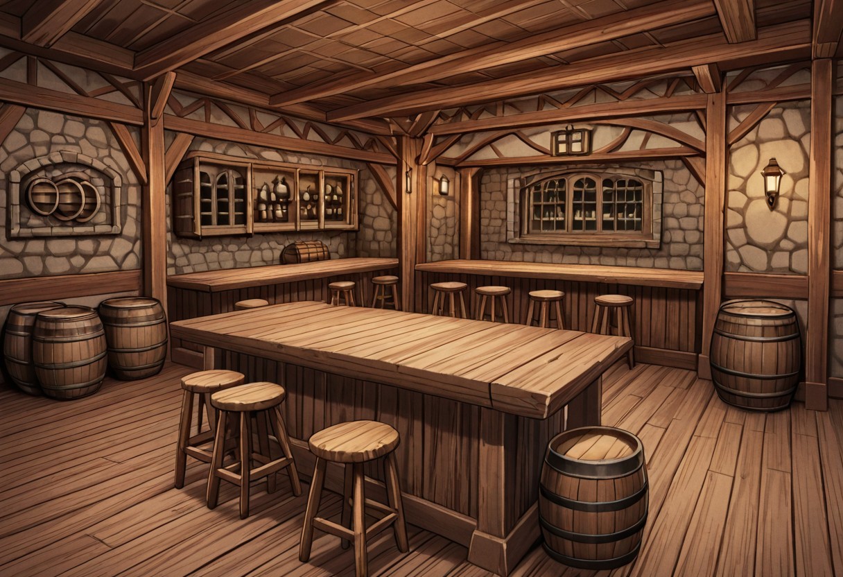 great quality,(no humans), ,great quality, table, , indoors, chair, lamp, Guild interior,wooden floor, counter, barrel ,counter