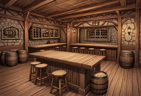 great quality,(no humans), ,great quality, table, , indoors, chair, lamp, Guild interior,wooden floor, counter, barrel ,counter