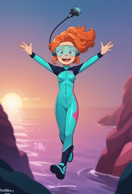 score_9, score_8, score_7, score_6,
triplevexx, solo,
Character Description: A young woman with bright coral hair and a playful smile.
Outfit: A sleek, form-fitting wetsuit with fins and a diving mask.
Action: She is swimming with dolphins, reaching out to touch one.
Background: A vibrant coral reef teeming with colorful fish and marine life.