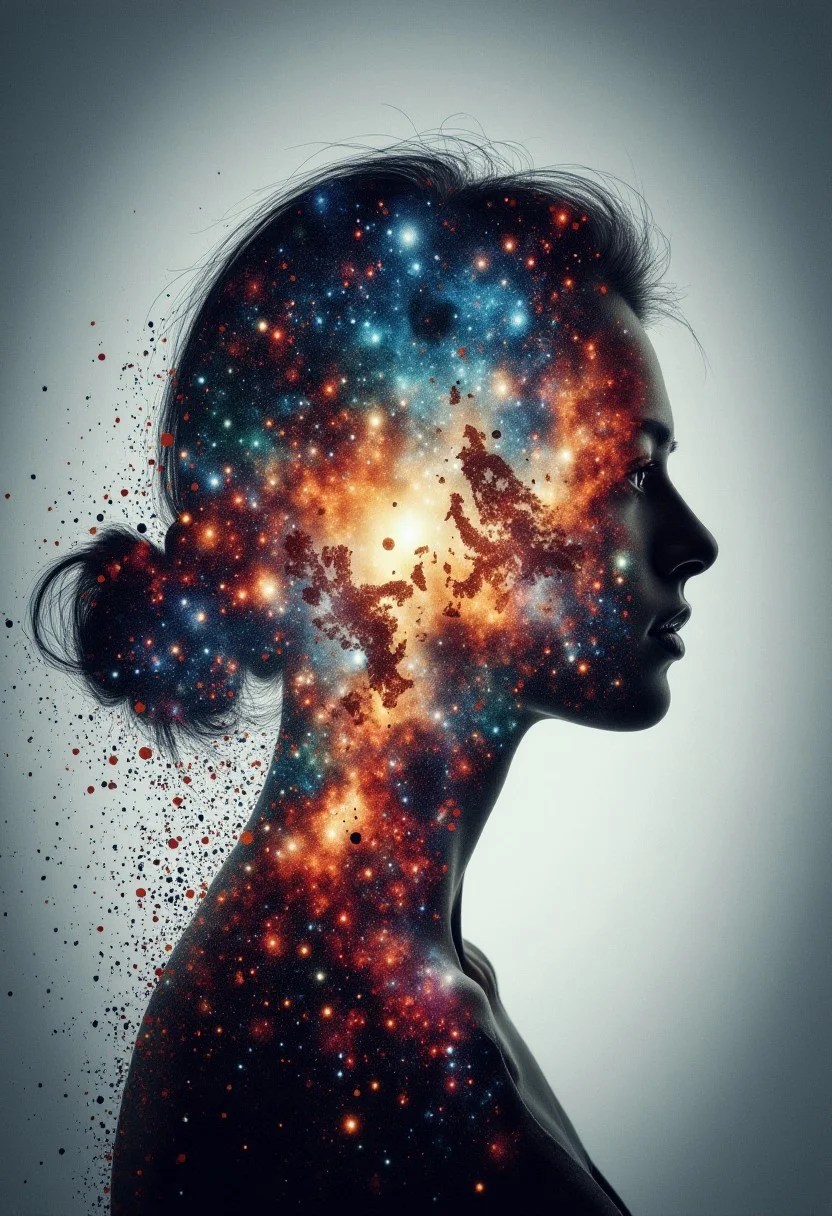 An abstract image features the silhouette of a woman in double exposure. Her faint outline fades into a background exploding with vivid colors swirling together chaotically yet harmoniously, revealing galaxies and stars. brightness and depth, generating a dreamlike and dynamic atmosphere.