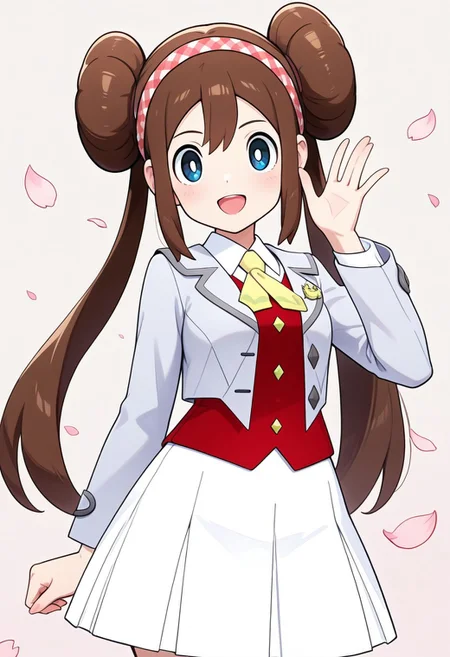 2d, masterpiece, best quality, amazing quality, 1girl, solo, close-up, smile, looking at viewer, simple background, multicolored background, pink shades, sakura petals, cowboy shot, acrosa, def colors, blue eyes, white pupils, brown hair, double bun, twintails, red hairband, light grey jacket, open jacket, white shirt, collared shirt, long sleeves, red vest, buttons, yellow ascot, white skirt