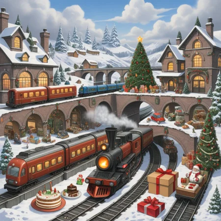 train station, bridge, window, science fiction, traditional media, motor vehicle, day, vehicle focus, road, gift, railway, christmas, food, cloud, box, cake, fireplace, plant, weapon, snow