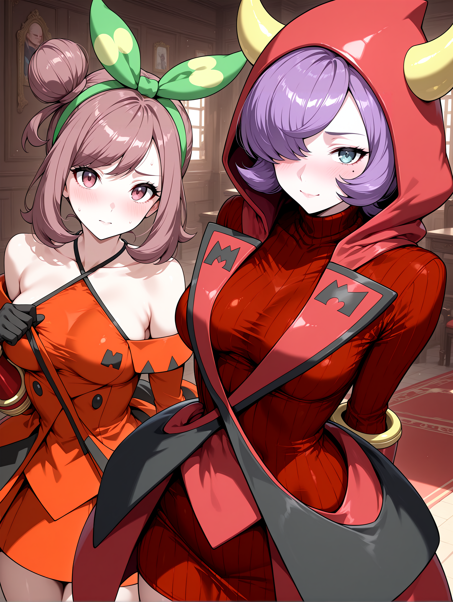 IllustriousQual <lora:cfg_scale_boost:0.3> <lora:StS-Illustrious-Detail-Slider-v1.0:3>,detailed_background,indoors,team magma,pokemon oras,courtney \(pokemon\),hair over one eye,pokemon,2girls,short hair,looking at viewer,red jacket,red dress,purple hair,multiple girls,blush,junjun \(kimi-la\),single side bun,horned hood,medium breasts,horns,hair bun,voice actor,orange dress,highres,solo,criss-cross halter,dress,breasts,sidelocks,off shoulder,fake horns,hairband,off-shoulder dress,black gloves,nintendo,brown hair,brown eyes,turtleneck sweater,side ponytail,mole,team magma uniform,green eyes,hood up,flower hairband,game freak,gradient clothes,hood,halterneck