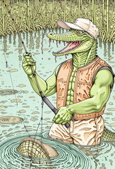 skstyle, horror (theme), highly-detailed, best quality, masterpiece, very aesthetic, 1boy, solo, crocodile, muscular, fishing, holding, fishing rod, swamp, baseball cap, partially submerged, vest