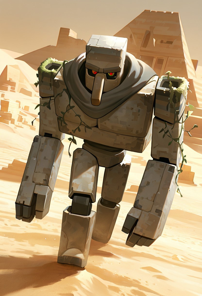 masterpiece, best quality, amazing quality, very aesthetic, absurdres, newest, cinematic, movie scene, foreground blur, detailed background,
ironglem, no humans, , black sclera, red pupils,  standing, solo, robot, big nose, long nose, no mouth, plant, grey metal body, vines, mecha, moss, ,  thick gray monobrow, big arms, red pupils, wide shoulders, big body, short legs
in desert, grey scarf, grey cloak, cloaked up, strong winds, sand storms, sand dunes, egyptian pyramids, desert ruins, clothes blowing in the wind, torn clothes, dynamic pose, walking, walking pose, dynamic angle, solo, alone,