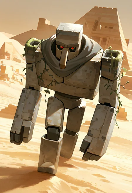 masterpiece, best quality, amazing quality, very aesthetic, absurdres, newest, cinematic, movie scene, foreground blur, detailed background,
ironglem, no humans, , black sclera, red pupils, standing, solo, robot, big nose, long nose, no mouth, plant, grey metal body, vines, mecha, moss, , thick gray monobrow, big arms, red pupils, wide shoulders, big body, short legs
in desert, grey scarf, grey cloak, cloaked up, strong winds, sand storms, sand dunes, egyptian pyramids, desert ruins, clothes blowing in the wind, torn clothes, dynamic pose, walking, walking pose, dynamic angle, solo, alone,