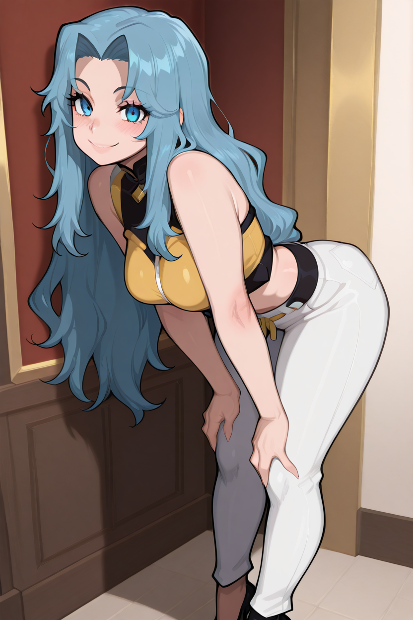 masterpiece, best quality, 1girl, solo, 21 year old model, eyelashes, (beautiful eyes),     ,,,zzKaren, blue eyes, blue hair, long hair, yellow crop top, white pants, high heels, <lora:KarenPokemonIXL:1.0>, ,,, smile, looking at viewer, leaning forward, head tilt, blush,,,  <lora:AfrobullIXL_v1:1.0>, <lora:ZankuroIXLLight_v2:0.6>, <lora:v4_noobEv10:0.8>, <lora:BETTER_NTRMIX:0.5>,