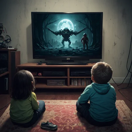 kids watching tv, horror, sci fi, trending on artstation, 4K, masterpiece