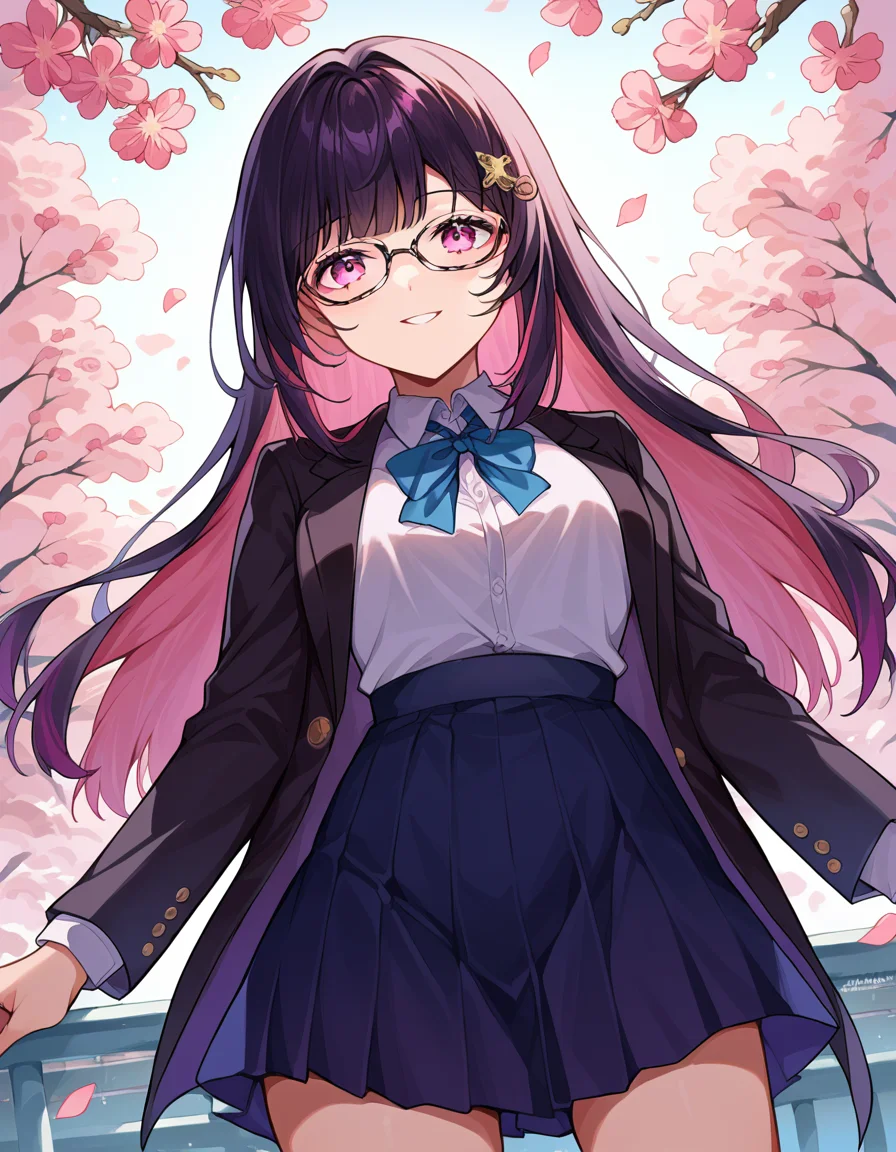score_9, score_8_up, score_7_up, source_anime,
honkaisparkle, <lora:honkai-sparkle-ponyxl-lora-nochekaiser:1>,
sparkle school uniform, black hair, colored inner hair, glasses, hair intakes, hair ornament, hairclip, long hair, multicolored hair, pink eyes, purple hair, straight hair, smile,
black jacket, black skirt, blazer, blue ribbon, collared shirt, high-waist skirt, jacket, long sleeves, neck ribbon, open clothes, open jacket, pleated skirt, ribbon, school uniform, shirt, skirt, white shirt,
outdoors, cherry blossoms,
looking at viewer, cowboy shot, dutch angle,