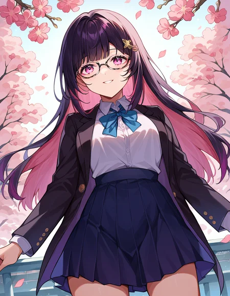 score_9, score_8_up, score_7_up, source_anime,
honkaisparkle, <lora:honkai-sparkle-ponyxl-lora-nochekaiser:1>,
sparkle school uniform, black hair, colored inner hair, glasses, hair intakes, hair ornament, hairclip, long hair, multicolored hair, pink eyes, purple hair, straight hair, smile,
black jacket, black skirt, blazer, blue ribbon, collared shirt, high-waist skirt, jacket, long sleeves, neck ribbon, open clothes, open jacket, pleated skirt, ribbon, school uniform, shirt, skirt, white shirt,
outdoors, cherry blossoms,
looking at viewer, cowboy shot, dutch angle,