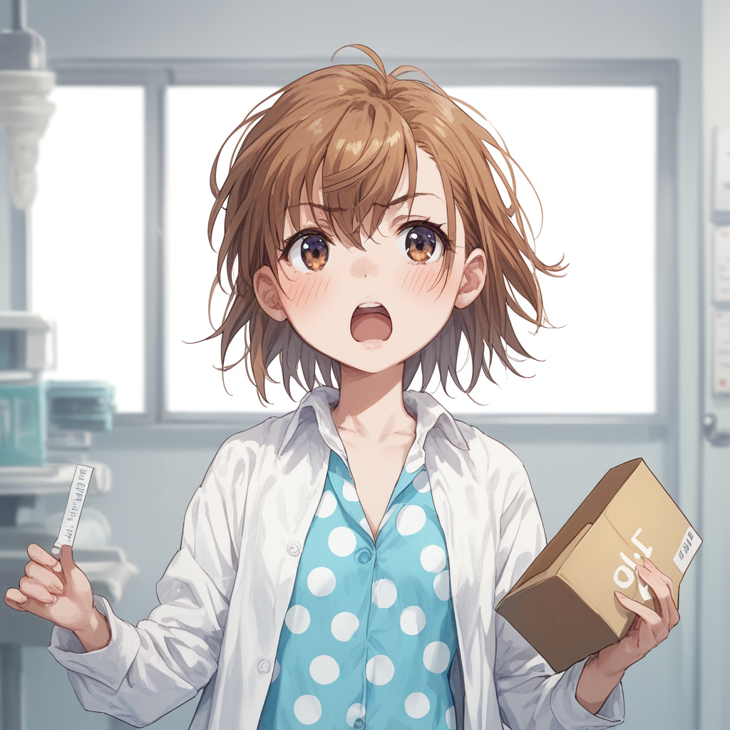 anime coloring, score_9, score_8_up, score_7_up, score_6_up, misaka20001 last-order, toaru, 1girl, solo, brown hair, polka dot, shirt, open mouth, short hair, parody, box, upper body, polka dot dress, holding, blush, white shirt, open clothes, blue dress, holding box, dress shirt, clinic, hospital interior