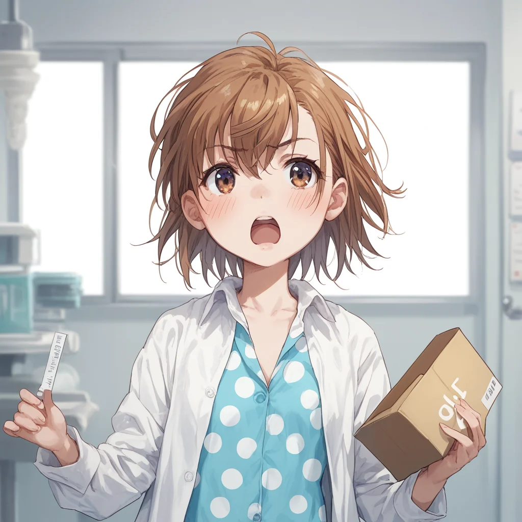 anime coloring, score_9, score_8_up, score_7_up, score_6_up, misaka20001 last-order, toaru, 1girl, solo, brown hair, polka dot, shirt, open mouth, short hair, parody, box, upper body, polka dot dress, holding, blush, white shirt, open clothes, blue dress, holding box, dress shirt, clinic, hospital interior