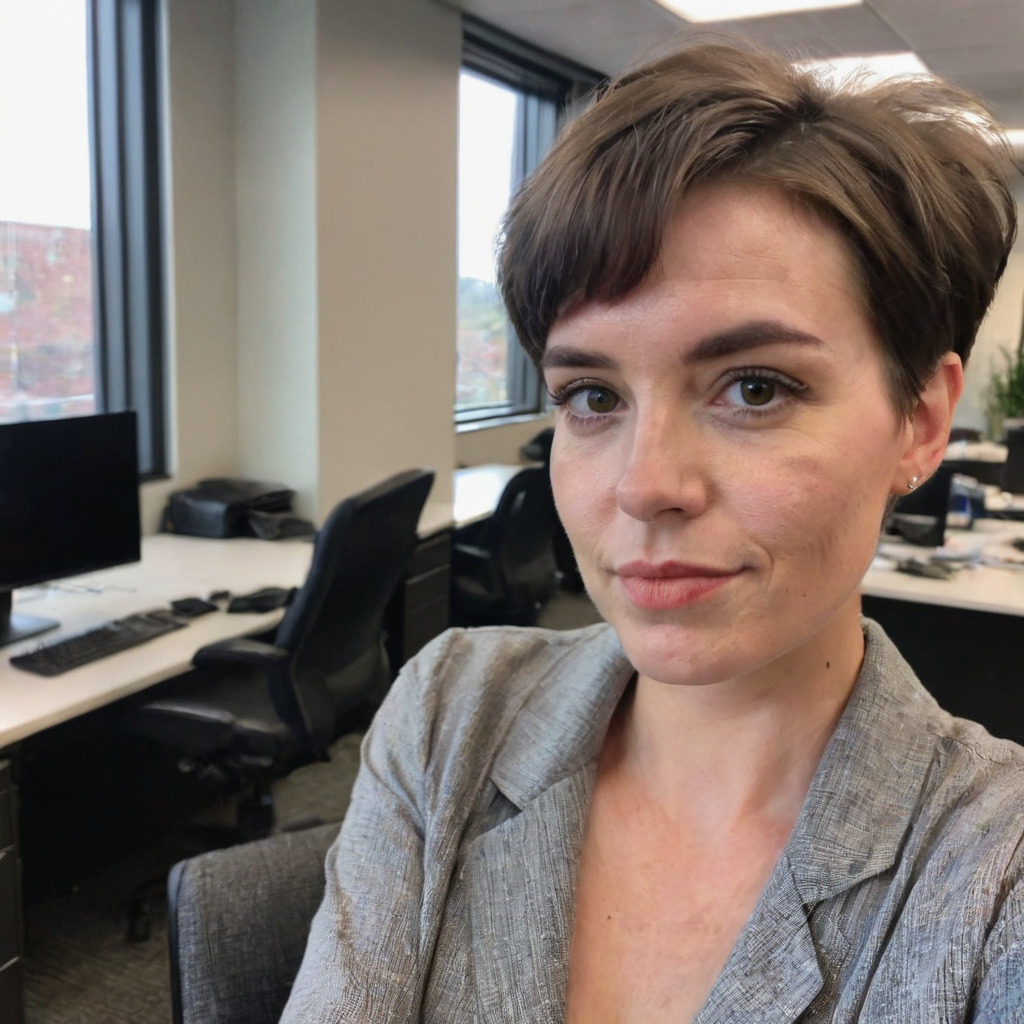 phone photo of woman with short hair in the office, uploaded on snapchat