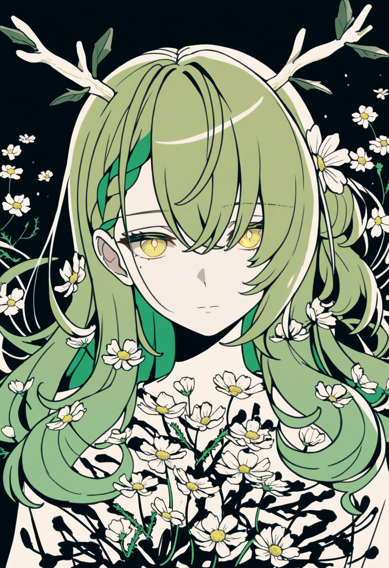 masterpiece, best quality, 1girl, solo, C3resF4una, yellow eyes, mole under eye, green hair, antlers, long hair, braided bangs, hair flowers, abstract, high contrast, cosmos, flower, long hair, cosmos \(flower\), looking at viewer, limited palette, expressionless, straight-on, <lora:ChamCeresFaunaNoob:1>