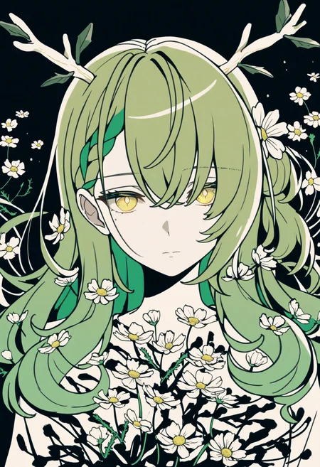 masterpiece, best quality, 1girl, solo, C3resF4una, yellow eyes, mole under eye, green hair, antlers, long hair, braided bangs, hair flowers, abstract, high contrast, cosmos, flower, long hair, cosmos \(flower\), looking at viewer, limited palette, expressionless, straight-on, <lora:ChamCeresFaunaNoob:1>