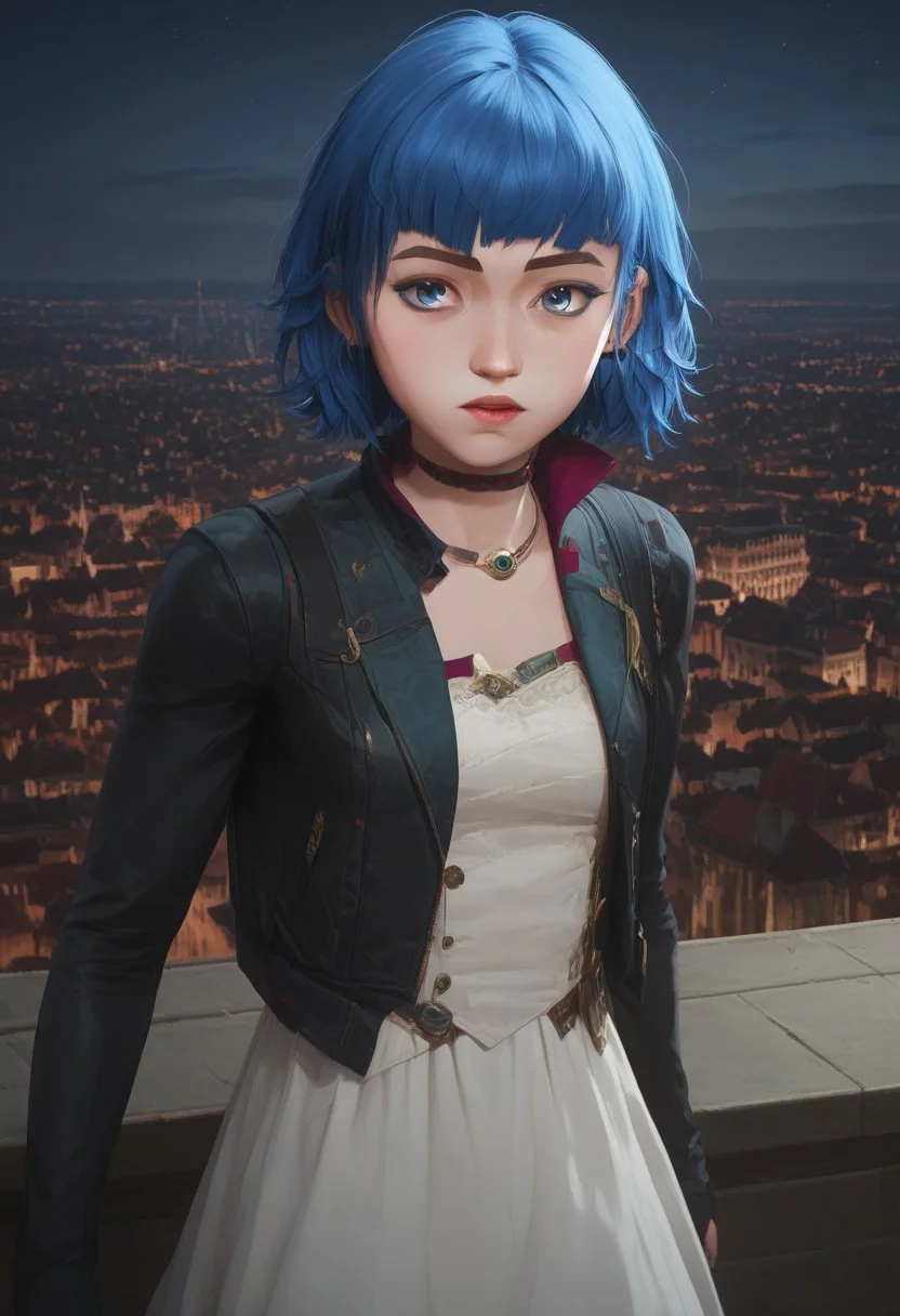 score_9, score_8_up, score_7_up, zPDXL3, ((masterpiece)), ((best quality)), 8k, high detailed, ultra-detailed, highres, intricate details, depth of field, bokeh, detailed, LP_powder, short hair, blue hair, blue eyes, freckles, dress, white dress, jacket, open jacket, black jacket, long sleeves, open clothes, portrait, upper body, cityscape