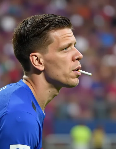 <lora:wojtek-szczesny-000004:1> wojtek szczesny in goal with a cigarette in his mouth, barcelona team