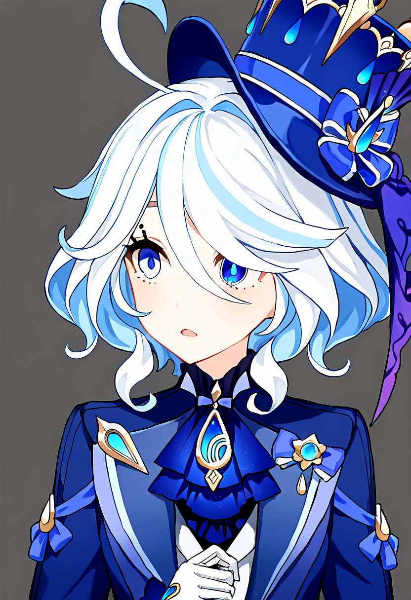masterpiece, best quality, absurdres, rejection_reaction, 1girl, solo, open mouth, looking to the side, furina \(genshin impact\), upper body, simple background, blue hat, blue jacket, white hair, blue eyes, ascot, short hair, jacket, white gloves, heterochromia, blue brooch, <lora:rejection_reaction_meme-10-Noob:1>