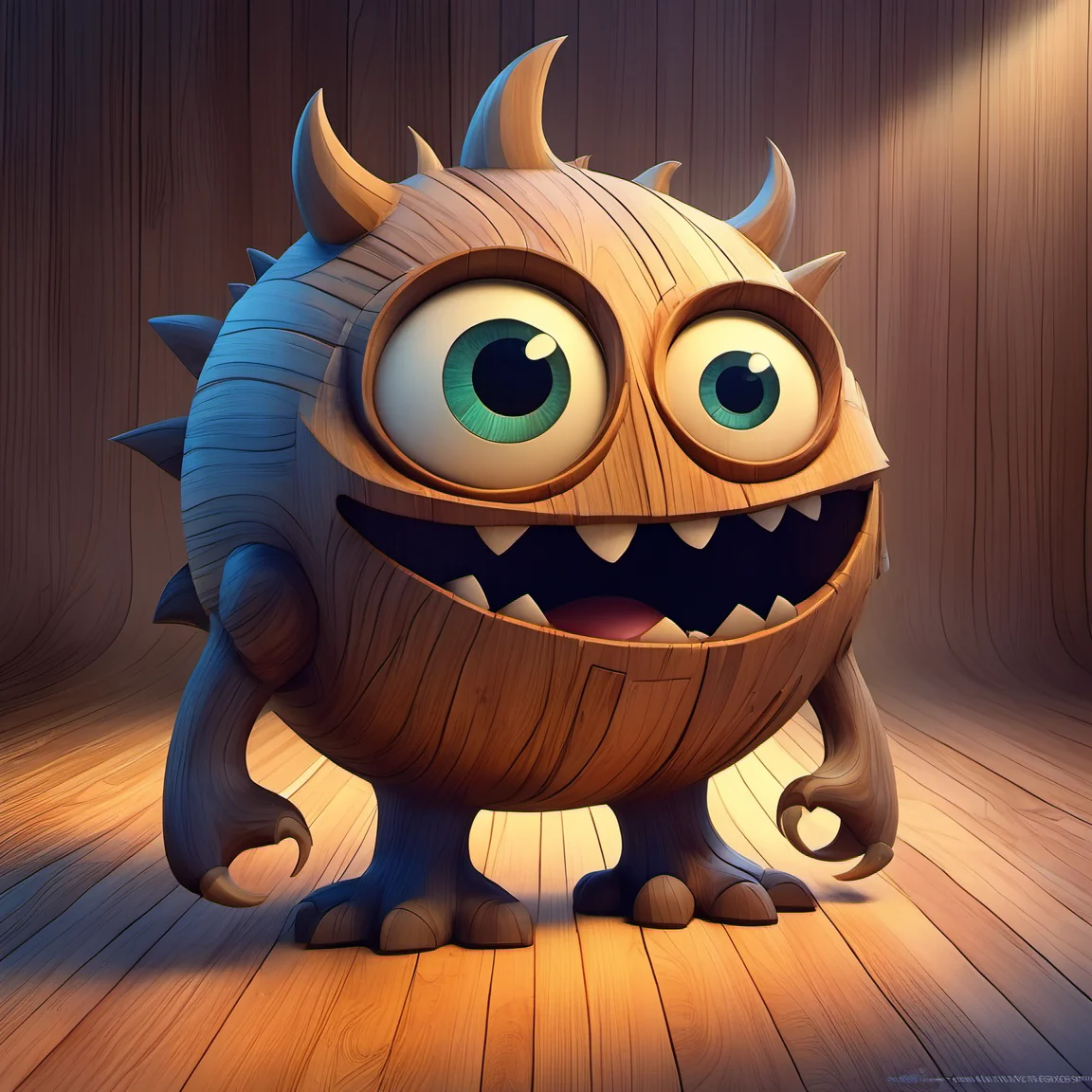 woodenart,wooden,<lora:woodenart:1>, cartoon monster, cute, big eyes, big mouth, art by gediminas pranckevicius and Alexander Jansson, pixar, centered, dramatic lighting, glowing light, simple solid background, no background, detailed face, cinematic, illustration, no gradient, trending on a