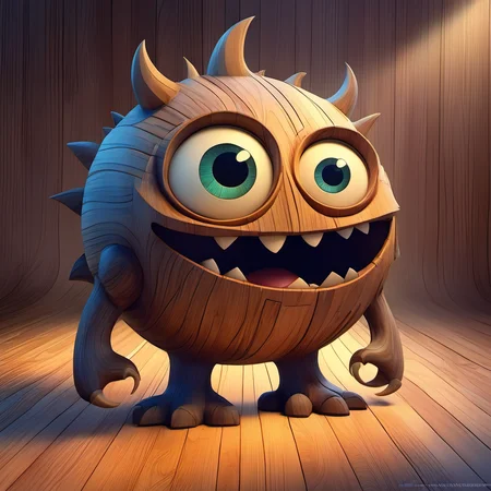 woodenart,wooden,<lora:woodenart:1>, cartoon monster, cute, big eyes, big mouth, art by gediminas pranckevicius and Alexander Jansson, pixar, centered, dramatic lighting, glowing light, simple solid background, no background, detailed face, cinematic, illustration, no gradient, trending on a