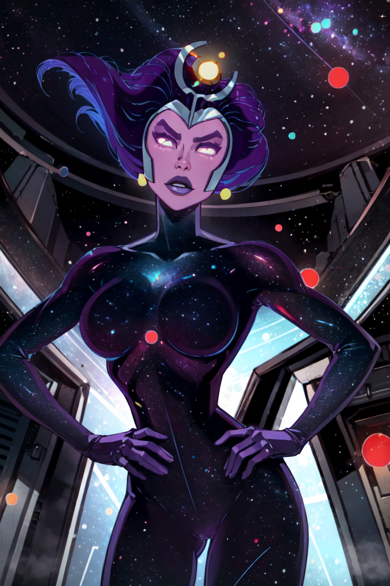 (Supernova:1.2),  (bodysuit, gloves, purple skin), galaxy, space, stars, solar system, (realistic:1.2), (masterpiece:1.2), (full-body-shot:1),(Cowboy-shot:1.2), dark romantic lighting, (highly detailed:1.2), (detailed face:1.2), (gradients), colorful, detailed eyes, (natural lighting:1.2), solo, <lora:add_detail:0.3> <lora:RickandMortySupernova-10:1.2>
