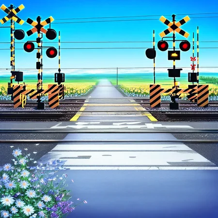 great quality,no humans,scenery,outdoors,  blue sky,(railroad crossing),asphalt road,glass,flower,