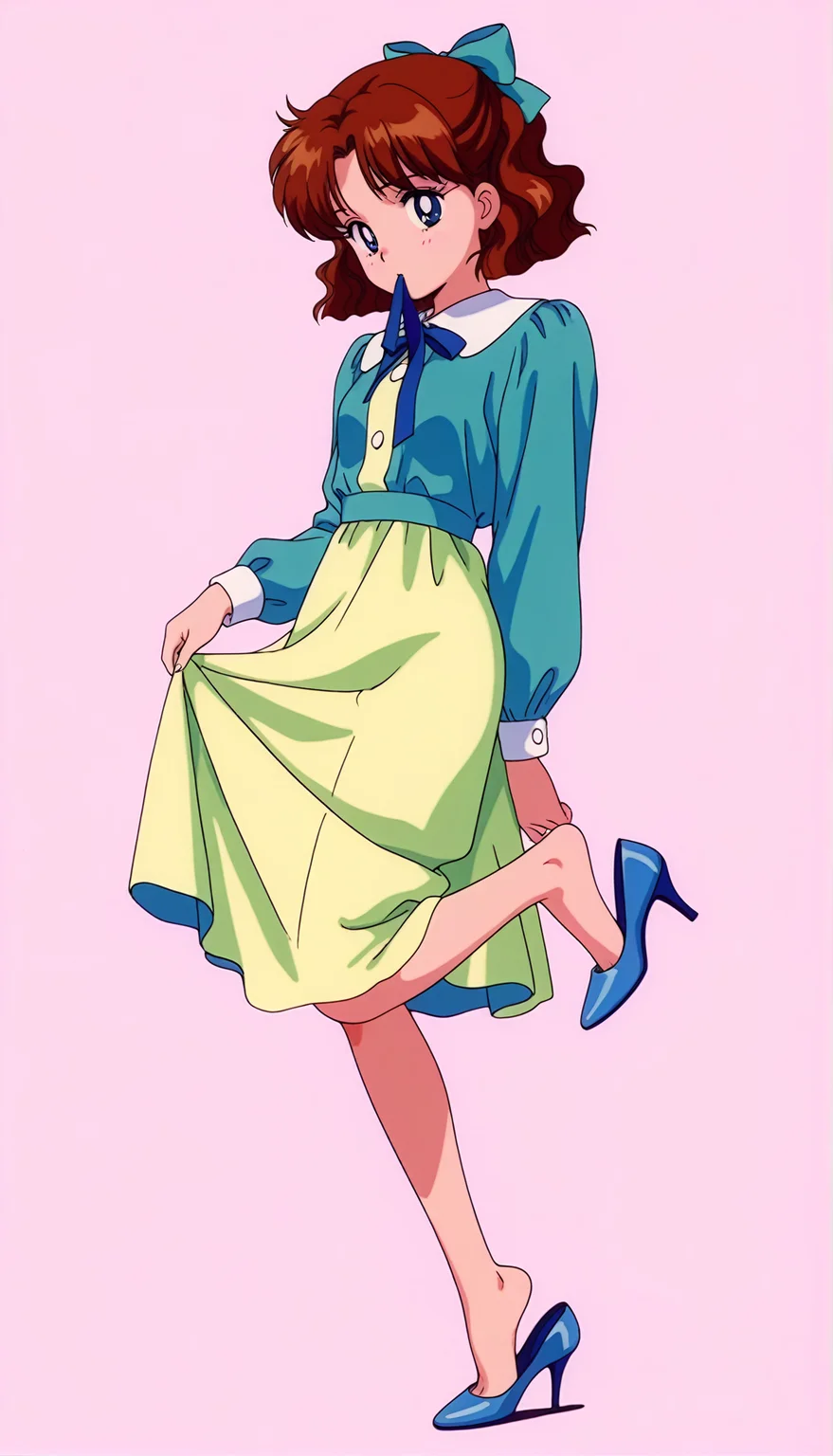 masterpiece,best quality,amazing quality,1990s \(style\),OsakaNaru ill,1girl,solo,blue eyes,short hair,brown hair,hair bow,single shoe,ribbon,dress,high heels,mouth hold,shoe dangle,hair ribbon,<lora:OsakaNaru ill:0.8>,