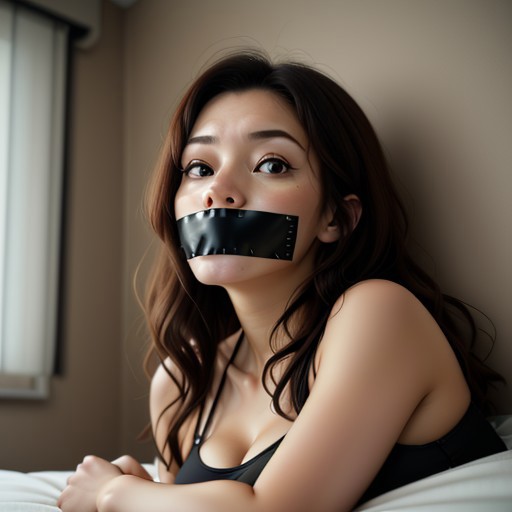 a 24 year old woman lying in bed with a large wide black tape gag