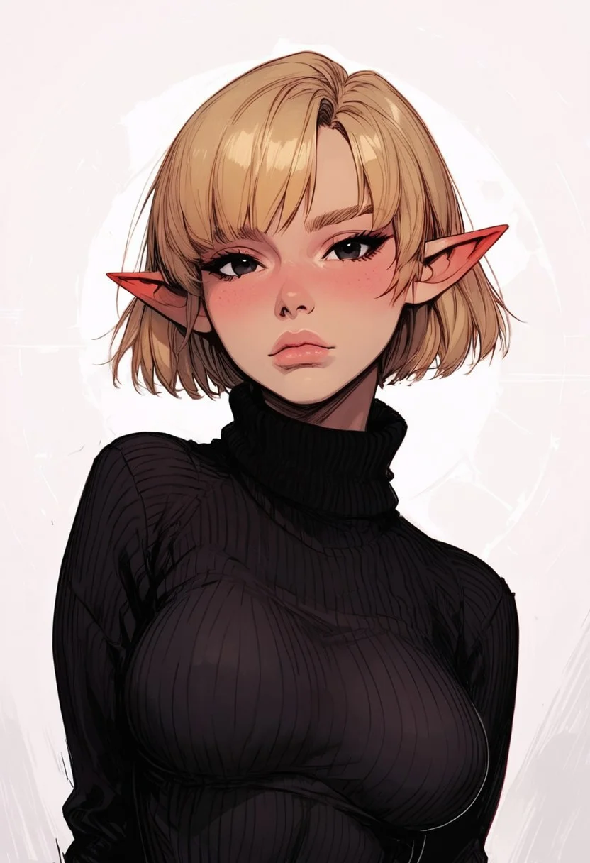 score_9, score_8_up, score_7_up, high detailed, high quality, masterpiece, no text, quality highlights, 8k detail, detailed background, source_anime, dynamic view, hentai, ultra-detailed,
...
1girl, solo, female focus, expressiveh, (young),
(blonde hair), (black eyes), (very short hair),
((fit body)), (pointy ears),
(medium breasts), (teardrop breasts),
closed mouth, lips,
(incredibly sexy), sexy pose, pose,
...
closed mouth, posing, blushed,
((upper body)), standing,
((black sweater)), ((turtle neck)),
looking at viewer, eyes wide, front view,
hands behind back,
...
((white background))