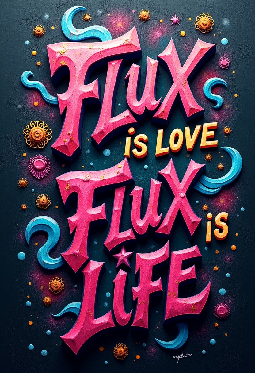 Vibrant, high-fashion photography featuring a bold, streetwear-style graphic that masterfully intertwines vibrant graffiti art, urban motifs, and spiritual themes, set against a backdrop of rugged, cityscape-inspired textures, with the phrase "Flux is Love, Flux is Life" emblazoned in 3D, metallic, graffiti-style lettering, adorned with intricate, swirling patterns, with a predominantly dark, moody color palette punctuated by flashes of neon pinks, electric blues, and sunshine yellows, evoking a sense of urban grit, spiritual awakening, and empowerment.