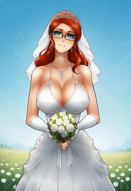 score_9, score_8_up, score_8, score_9, masterpiece, source_cartoon, field, farmland, under tree, wedding alter, 1girl, JagoSophie, solo, red hair, long hair, green eyes, large breasts, glasses, wedding tiara, wedding veil, wedding bouquet, wedding dress, smile, looking at viewer, head tilt, standing, white lace fingerless arm gloves