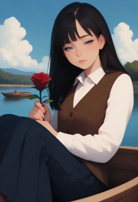 masterpiece, best quality, very aesthetic, 1girl, solo, dark hair, long hair, blue eyes, looking at viewer, holding rose, half-closed eyes, white collared shirt, brown vest, pleated skirt, long skirt, sitting, knees up, upper body, day, Eleanor \(people's works\), boat, river, cloud, blue sky, from below