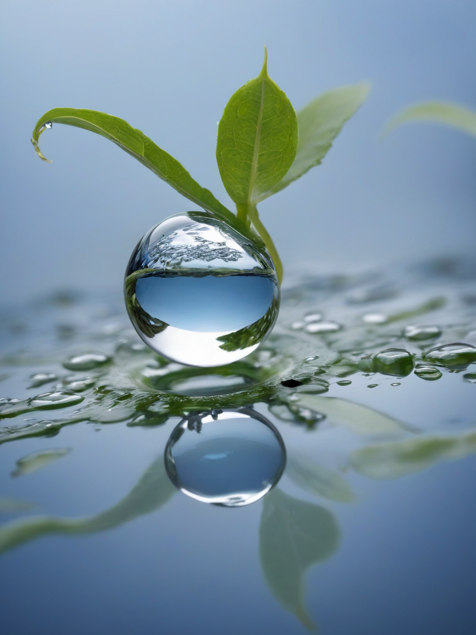 digital art of  a microscopic view of a  single water drop reflection a beautiful landscape