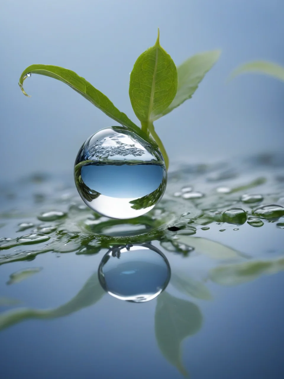 digital art of  a microscopic view of a  single water drop reflection a beautiful landscape