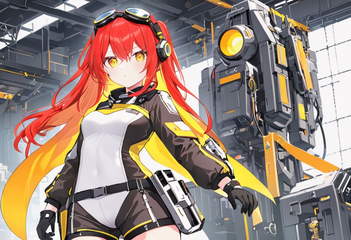 Best quality, masterpiece, sci-fi factory, one petit mechanic girl with round pert breasts, standing still, hands on hips, adorable deep red long loose hair, adorable smooth face, bright yellow eyes, mechanical goggles, black leather jacket with white shirt, special gloves, slim waist, white very short booty shorts, thick hips, thick thighs, long boots