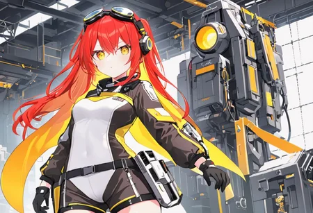 Best quality, masterpiece, sci-fi factory, one petit mechanic girl with round pert breasts, standing still, hands on hips, adorable deep red long loose hair, adorable smooth face, bright yellow eyes, mechanical goggles, black leather jacket with white shirt, special gloves, slim waist, white very short booty shorts, thick hips, thick thighs, long boots