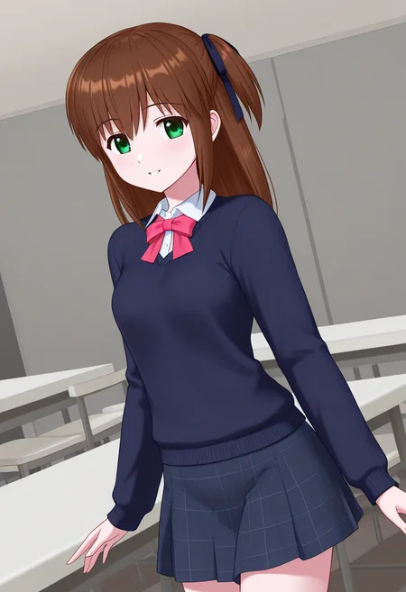 1girl, solo, miraimaisaka, brown hair, long hair, green eyes, hair ribbon, two-side up, dark blue sweater, collared shirt, long sleeves, neck bow, plaid skirt, indoors, cafeteria, cowboy shot, parted lips, smile, standing, looking at viewer