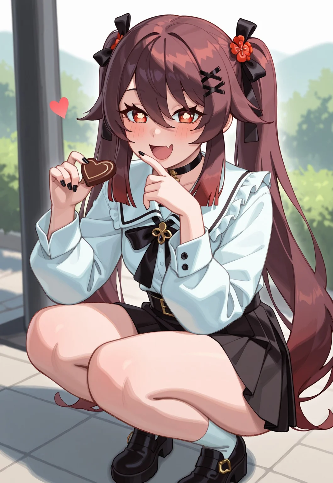 , rizdraws ,Expressiveh ,masterpiece, amazing quality, best quality, absurdres, aesthetic, BREAK, score_9, score_8_up, score_7_up, source_anime, BREAK,
1girl, solo, squatting, chocolate, candy, skin_fang, heart, red_eyes, skirt, looking_at_viewer, long_hair, hair_ornament, hu_tao_(genshin_impact), heart-shaped_chocolate, blush, smile, food, black_nails, flower-shaped_pupils, holding_food, black_skirt, multicolored_hair, symbol-shaped_pupils, ribbon, fang, hair_ribbon, holding, shirt, twintails, bangs, black_footwear, black_bowtie, hairclip, long_sleeves, open_mouth, jirai_kei, frills, very_long_hair, black_bow, bow, bowtie, brown_hair, choker, white_shirt, blurry_background, valentine, shoes, hair_between_eyes, braid, outdoors, :d, x_hair_ornament, nail_polish, blurry, black_hair