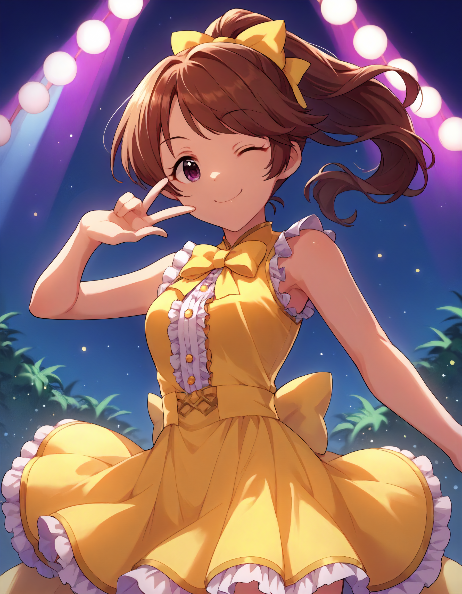 score_9,score_8_up,score_7_up,1girl,solo,cowboy shot,looking at viewer,smile,wink,closed mouth,stage lights,
<lora:shiinanoriko_ponyXLV6:0.8>,cgsnr,
brown hair,ponytail,purple eyes,
hair bow,yellow bow,yellow dress,sleeveless,frills
