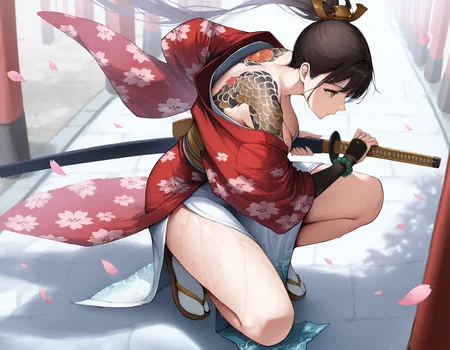 masterpiece, best quality, amazing quality, very aesthetic, absurdres, newest, scenery, highly detailed, realistic, traditional Japanese style, from above, from behind, full body, handfixer,
1girl, samurai, ethereal, long ponytail, (wet kimono) with pattern, japanese style tattoo, back tattoo, tattoo on shoulders, cleavage, sweat, belt, scabbard, beaded bracelet, japanese tabi socks, sandals, iaidow, sheathed, holding sword, ready to draw, unsheathing, on one knee, looking to the side, fighting stance, battoujutsu stance, expressionless, ancient japanese garden, outdoor, Spring, cherry blossom, falling petals, shadow, dim lighting, looking to the side,
<lora:HandFixer_pdxl_Incrs_v1:1> <lora:NikkeProfile_illusXL_Incrs_v1.1:1> <lora:iaido_Illust_v1:1> <lora:japanese_style_tattoowhole_body_tattoo-000005:0.8>,
masterpiece, best quality, amazing quality, very aesthetic, absurdres, newest, scenery, highly detailedâââ
