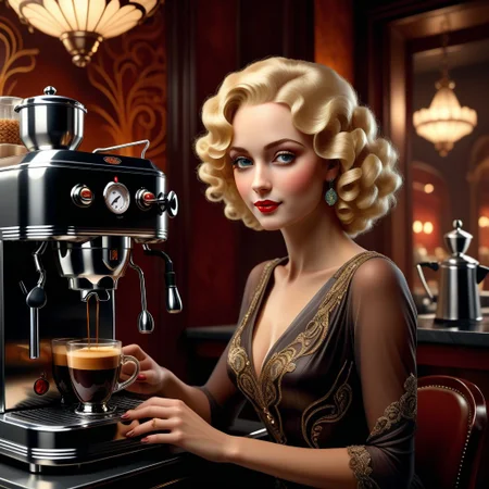 1920 art deco painting of a beautiful woman sitting next to an espresso machine enjoying a cup of fresh brewed espresso, blonde curly hair,  art by alexeyegorov
BREAK 
Deep dark intense brown misty background, Dark theme, dynamic lighting, (soft shadows), (soft focus), (photo realistic), uhd, 8k
