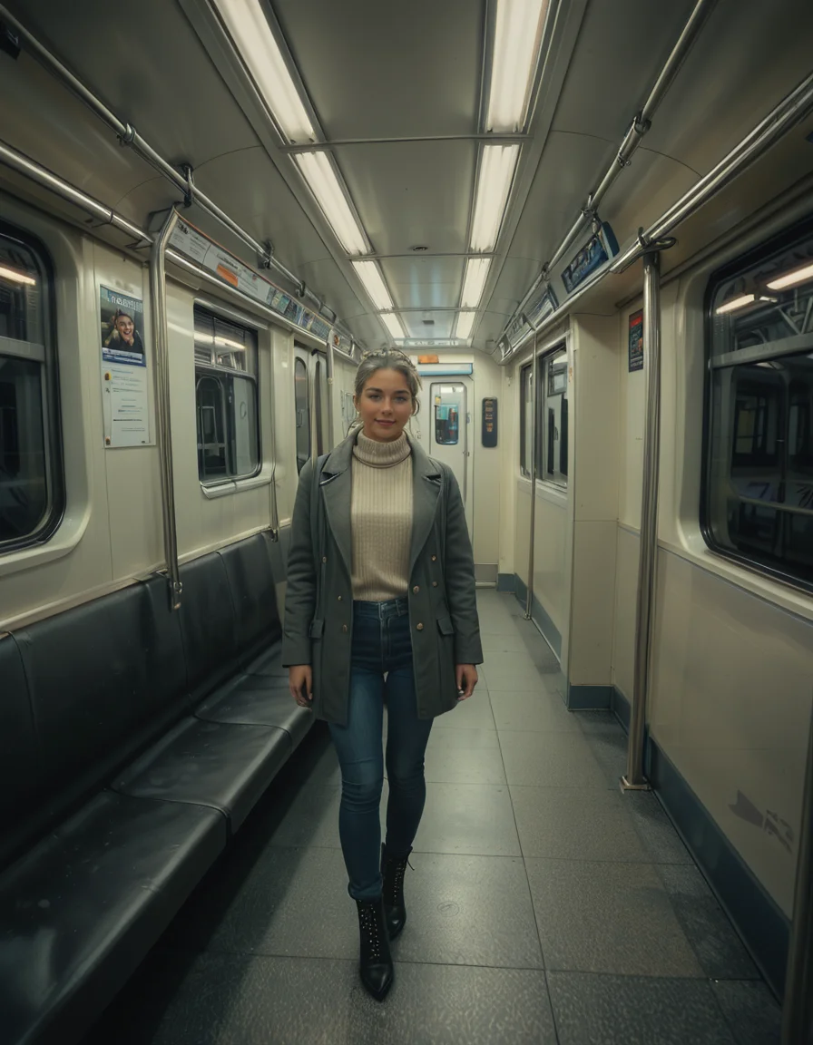 A modern subway train,Subw4y tr41n, in motion, with a single woman standing near the center of the train car, holding onto a shiny metal pole for balance as the train glides along the tracks. The woman is dressed casually yet stylishly, wearing a long black coat over a beige turtleneck sweater, paired with slim-fit jeans and ankle boots. Her hair is neatly tied back into a low bun, with a few loose strands framing her face. She has a thoughtful, calm expression, her gaze directed slightly downward as if lost in her own world. In her other hand, she holds a small tote bag, its strap looped over her wrist, with a paperback book peeking out from the top.
The subway car is clean but shows subtle signs of daily use. The walls are lined with muted gray panels, and the seats along the edges of the car are upholstered in a dark blue fabric, slightly faded from wear. Overhead, fluorescent lighting casts a bright, even glow across the interior, causing faint reflections on the polished floor, which is marked with the occasional scuff from commuters' shoes. Metal grab handles hang from above, gently swaying with the trainâs movement, and shiny steel poles are strategically placed throughout the car.
The windows on both sides reveal a blurry, motion-filled view of the dark subway tunnel, interspersed with flashes of graffiti-covered walls and dim utility lights. Above the windows, digital displays show the next stop in bright LED text, along with a route map that runs the length of the car. Small advertisements are mounted on the walls, showcasing everything from city events to product promotions, some with vibrant colors that add subtle contrast to the neutral tones of the train.
The atmosphere feels still and introspective, with the soft hum of the train and the occasional squeal of the wheels on the track. The train is sparsely occupied, with a few empty seats and subtle details like a forgotten coffee cup on one bench and a folded newspaper lying on the floor. The overall mood is quiet and reflective, capturing a moment of solitude and thoughtfulness during an ordinary subway ride.<lora:SDXLFaeTastic2400:0.4> <lora:extremely_detailed:0.4> extremely detailed, <lora:Subw4y_tr41n:1>, Masterpiece,best quality,hi res,8k,hi res,8k,award winning,(sharp focus, intricate, highly detailed),