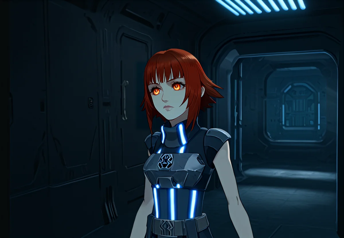 score_9 score_8_up, score_7_up, score_6_up, official art, <lora:Shelk_Rui:1> Shelk-Rui, FF7, 1girl, female focus, bodysuit, short sleeves, upper body, red hair, orange eyes, backlit, round face, puffy eyes, short hair, pale skin, short, armor, slim hips, portrait, Imperial-Style, Imperial-Tech, Star Wars, good anatomy, science fiction, black walls, corridor, door, interfaces, <lora:SW_Imperial_Style:1> lightsaber <lora:PerfectEyesXL:1>