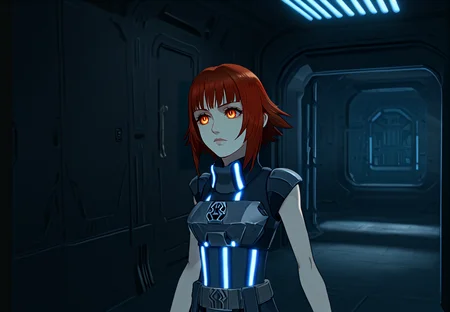 score_9 score_8_up, score_7_up, score_6_up, official art, <lora:Shelk_Rui:1> Shelk-Rui, FF7, 1girl, female focus, bodysuit, short sleeves, upper body, red hair, orange eyes, backlit, round face, puffy eyes, short hair, pale skin, short, armor, slim hips, portrait, Imperial-Style, Imperial-Tech, Star Wars, good anatomy, science fiction, black walls, corridor, door, interfaces, <lora:SW_Imperial_Style:1> lightsaber <lora:PerfectEyesXL:1>