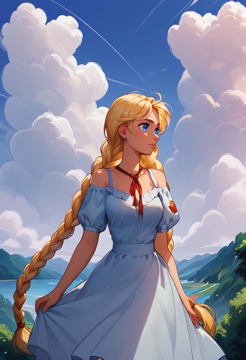 score_9, score_8_up, score_7_up, summer, purple sky, clouds, outside, outdoors, warm light, amazing background,
slavya, blonde hair, very long hair, long hair, twin braids, blue eyes