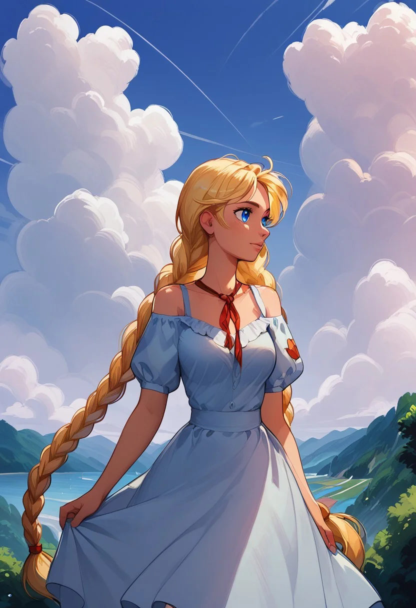 score_9, score_8_up, score_7_up, summer, purple sky, clouds, outside, outdoors, warm light, amazing background,
slavya, blonde hair, very long hair, long hair, twin braids, blue eyes