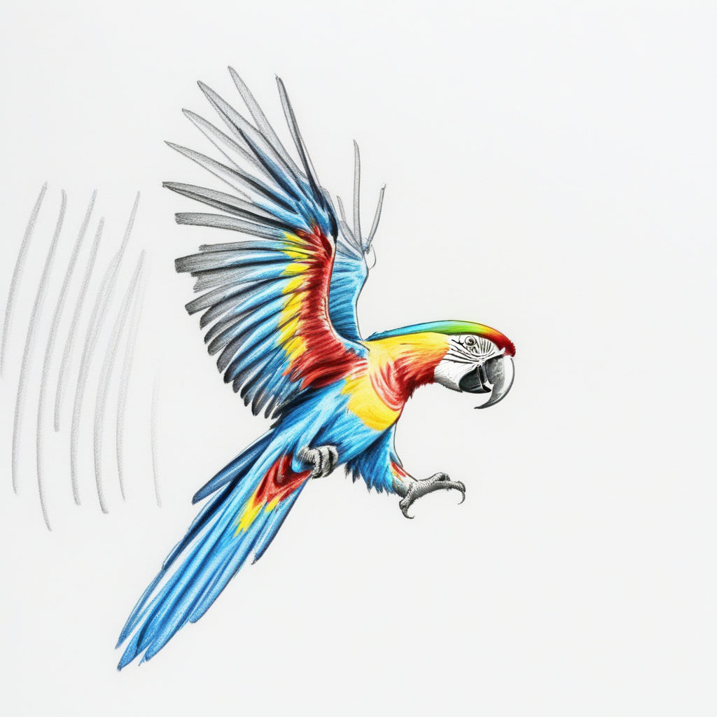 a pencil sketch with bold lines of a macaw flying