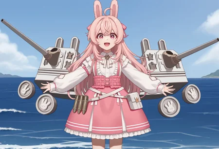 1girl, solo, Shipkin_Shippa, bangs, ahoge, hair bow, hair between eyes, 
long sidelocks, long hair, star (symbol), star hair ornament, rabbit ears,
white shirt, collared shirt, frilled shirt, frilled shirt collar, sleeves past wrists, puffy long sleeves, 
belt, center frills, frilled dress, high-waist skirt, suspenders, suspender skirt,
ShippaPink, pink eyes, pink hair, white ribbon, pink dress, 
ocean, horizon, open mouth, smile, looking at viewer, outstretched arms, legs apart, cannon, turret, rigging, arms up, spread arms, full body, solo focus